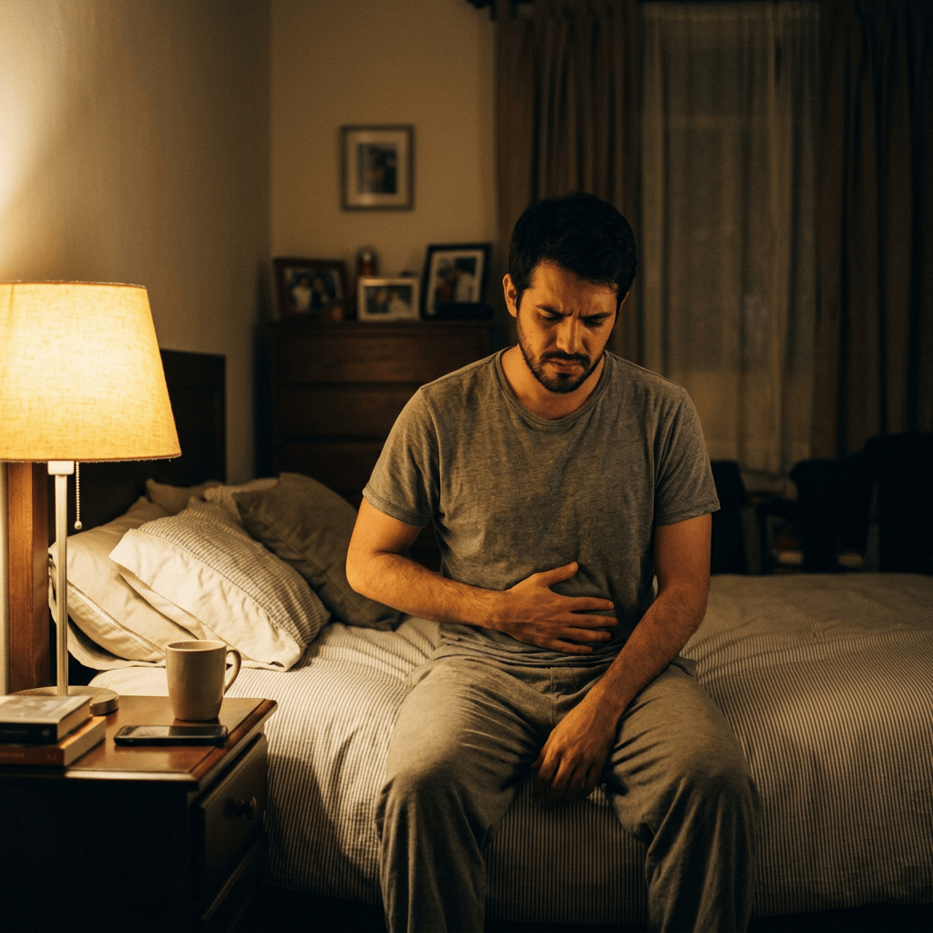 Man sitting on bed and holding his abdomen in discomfort